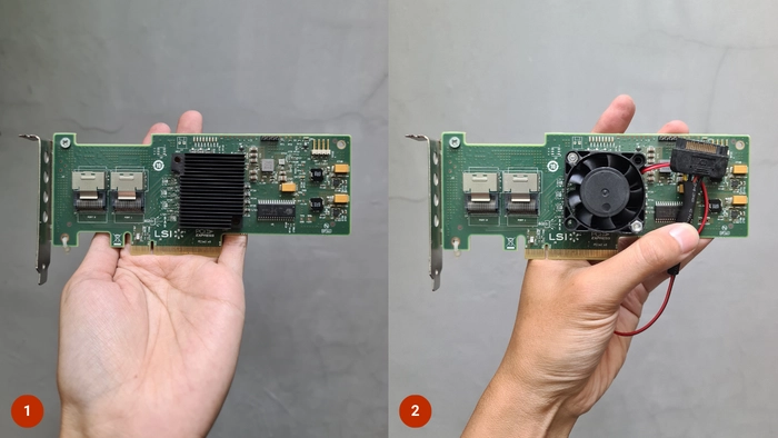 HBA LSI 9210-8i card, sebelum dan sesudah modifikasi fan