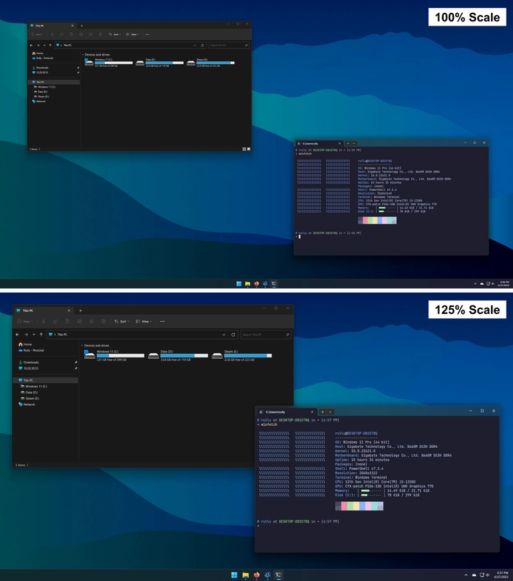 Perbandingan display scaling di Windows 11